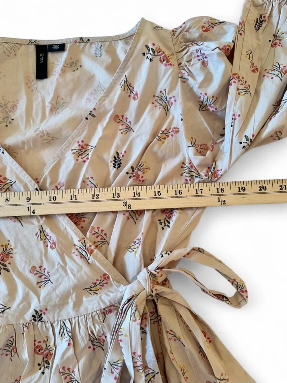 Y.A.S Organic Cotton Floral Wrap Top S Puff Sleeve Peplum Cottagecore Romantic